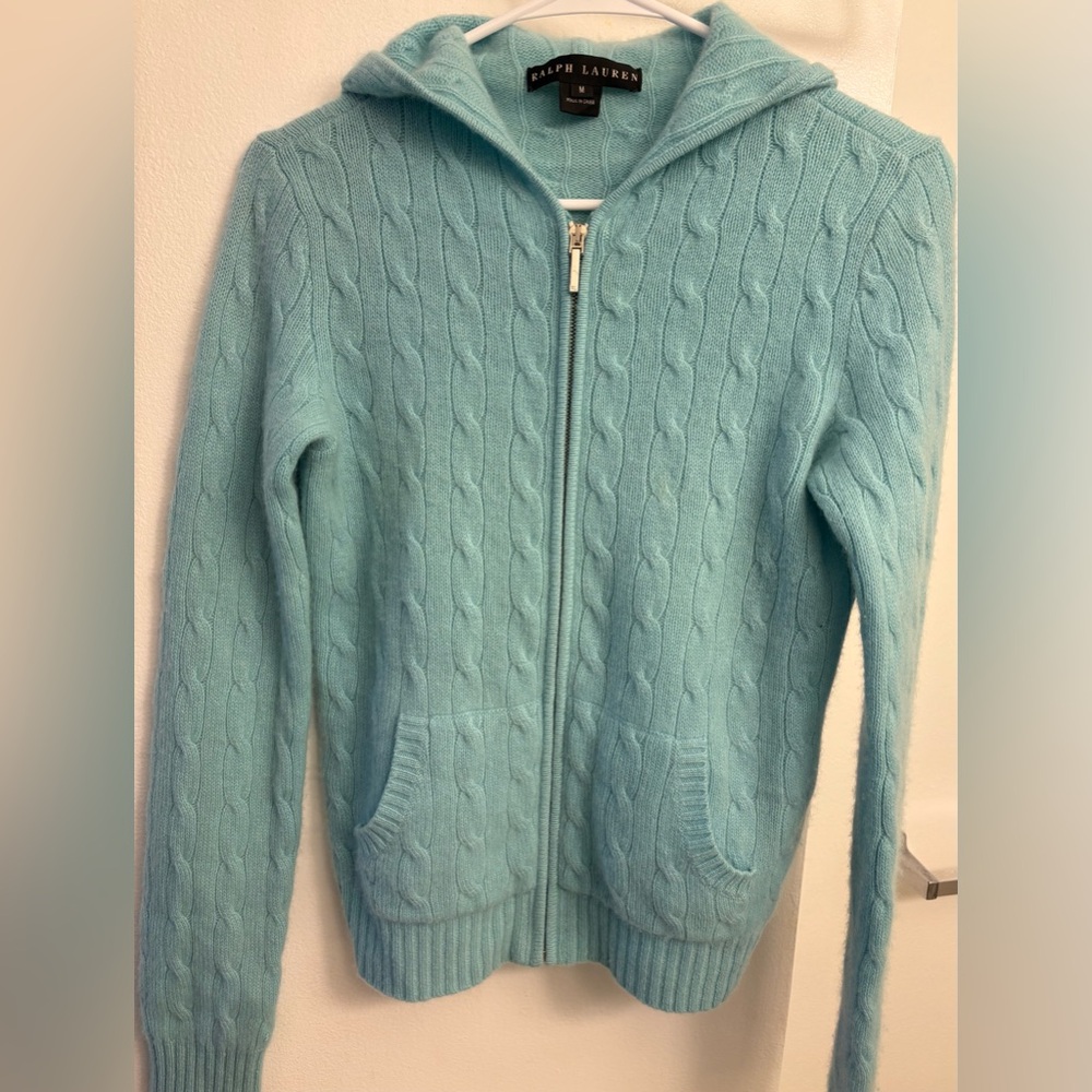 Ralph Lauren black label 100% Cashmere Cable  Knit Zip-Up Sweater blue sz M
